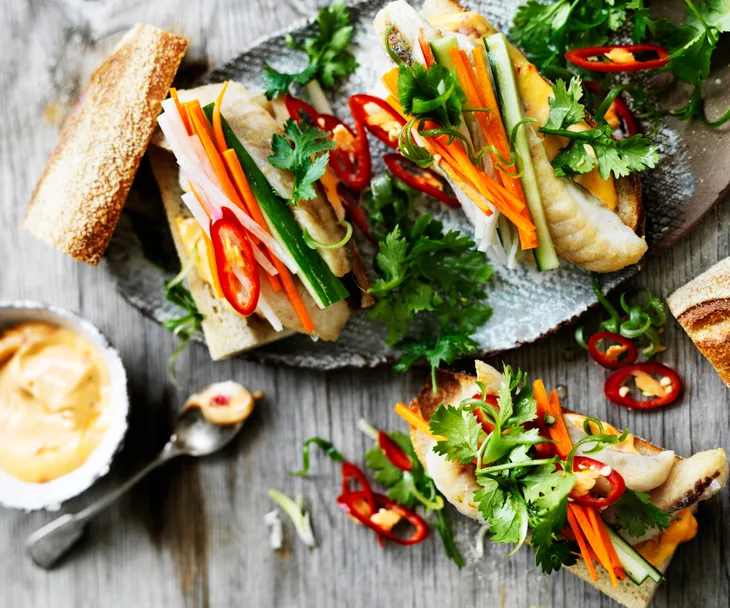 Fish banh mi with pickled vegetables & spicy mayonnaise