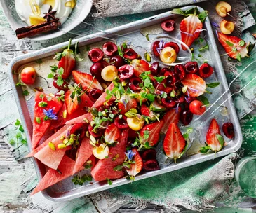 Red fruit salad with chai spiced yoghurt