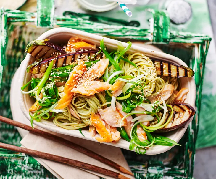 Eggplant noodle salad with smoked trout