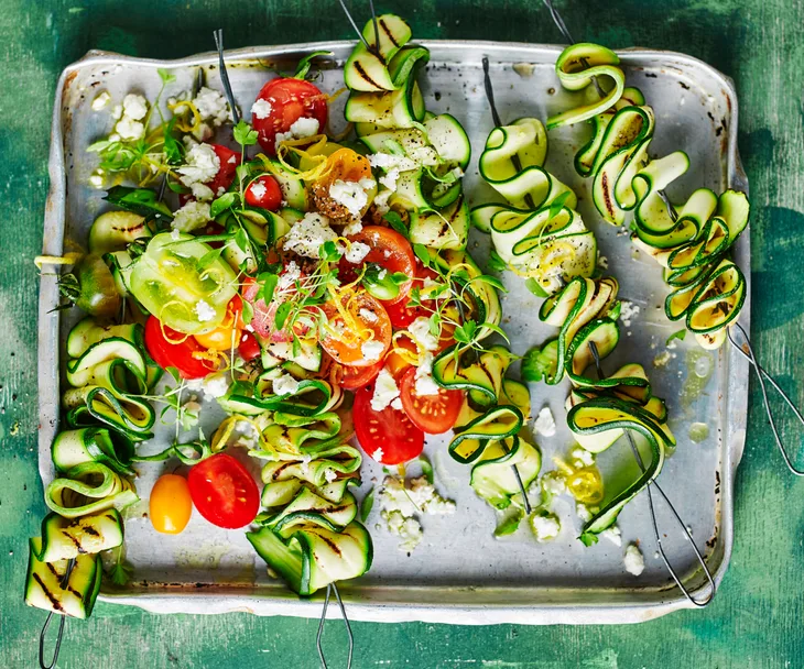 Zucchini ribbon skewers with tomato fetta salad