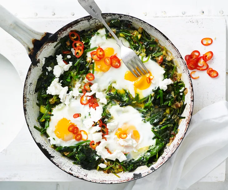 Chilli, spinach and fetta baked eggs