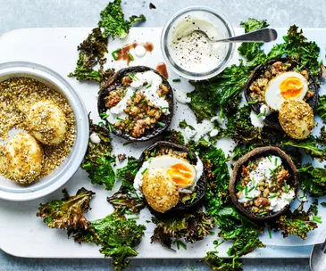 Grilled mushrooms with soft-boiled dukkah eggs and crisp kale