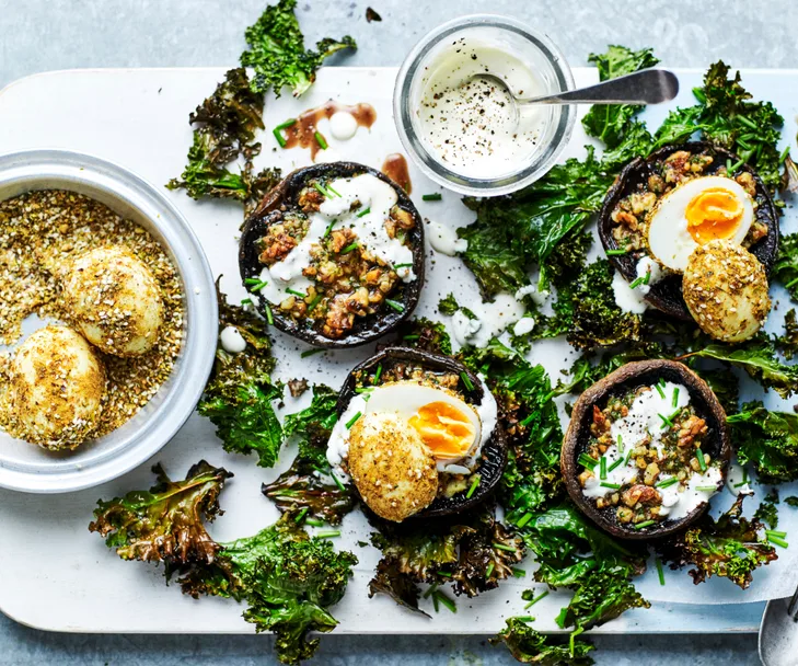 Grilled mushrooms with soft-boiled dukkah eggs and crisp kale