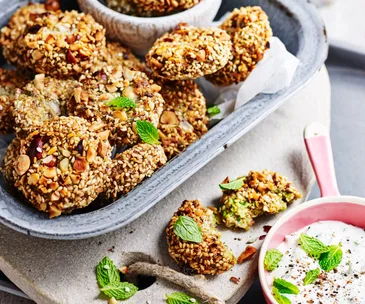 Pea, chickpea and hazelnut falafel