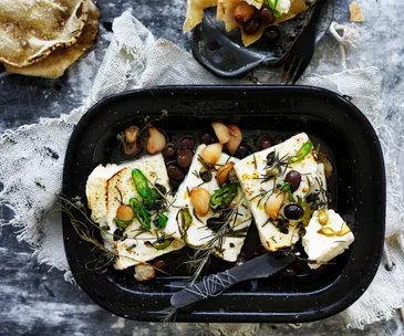 BAKED FETTA WITH ROASTED GARLIC, CHILLI & OLIVES