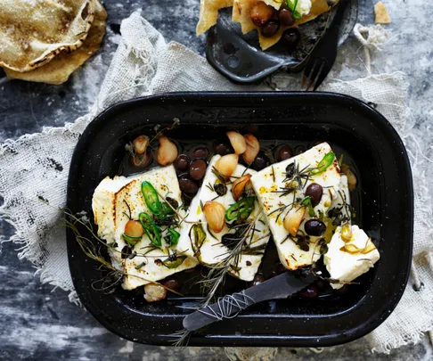 BAKED FETTA WITH ROASTED GARLIC, CHILLI & OLIVES