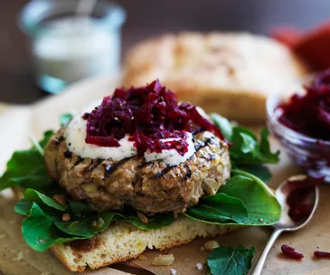 beetroot relish & yogurt lamb burgers