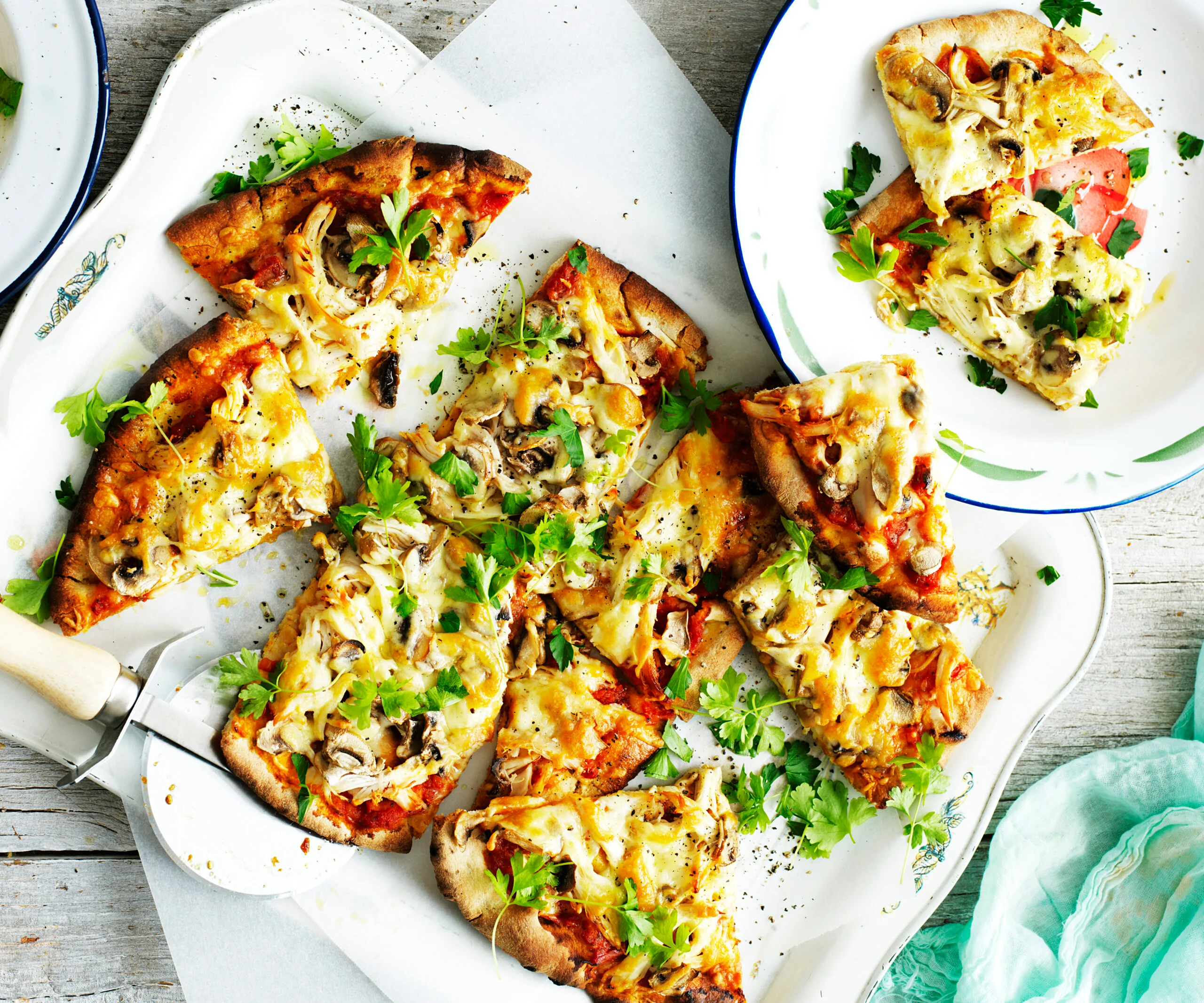 chicken and mushroom pizzas