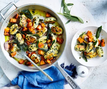Spinach and ricotta gnocchi with kumara and sage
