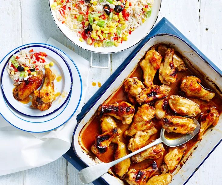 Sticky apricot chicken with rainbow rice