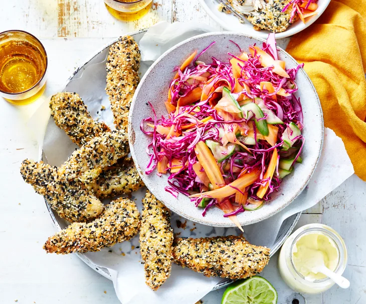 Sesame-crusted chicken with quickled slaw