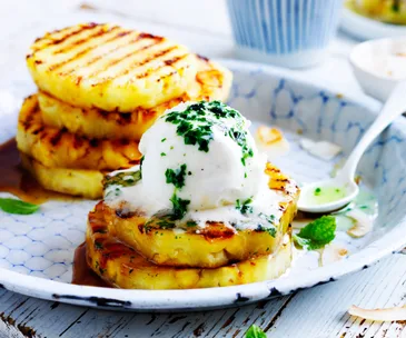 Mint syrup with grilled pineapple