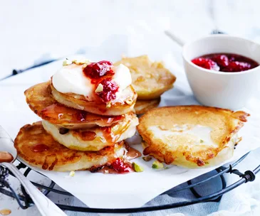 Pear fritters with raspberry rose syrup
