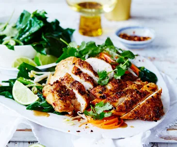 Crispy salt and pepper chicken with gai lan