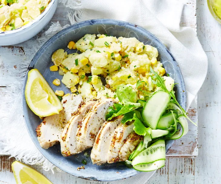 Mustard chicken with potato and corn mash