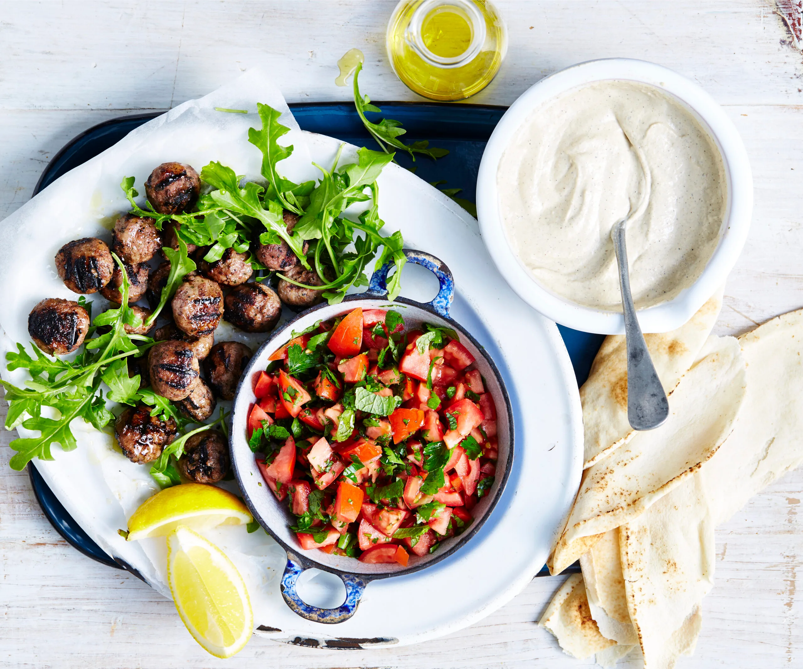 Italian meatballs with eggplant puree & tomato salsa