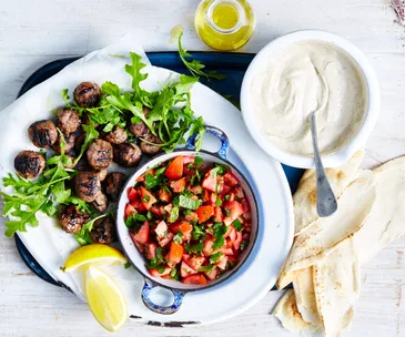 Italian meatballs with eggplant puree & tomato salsa