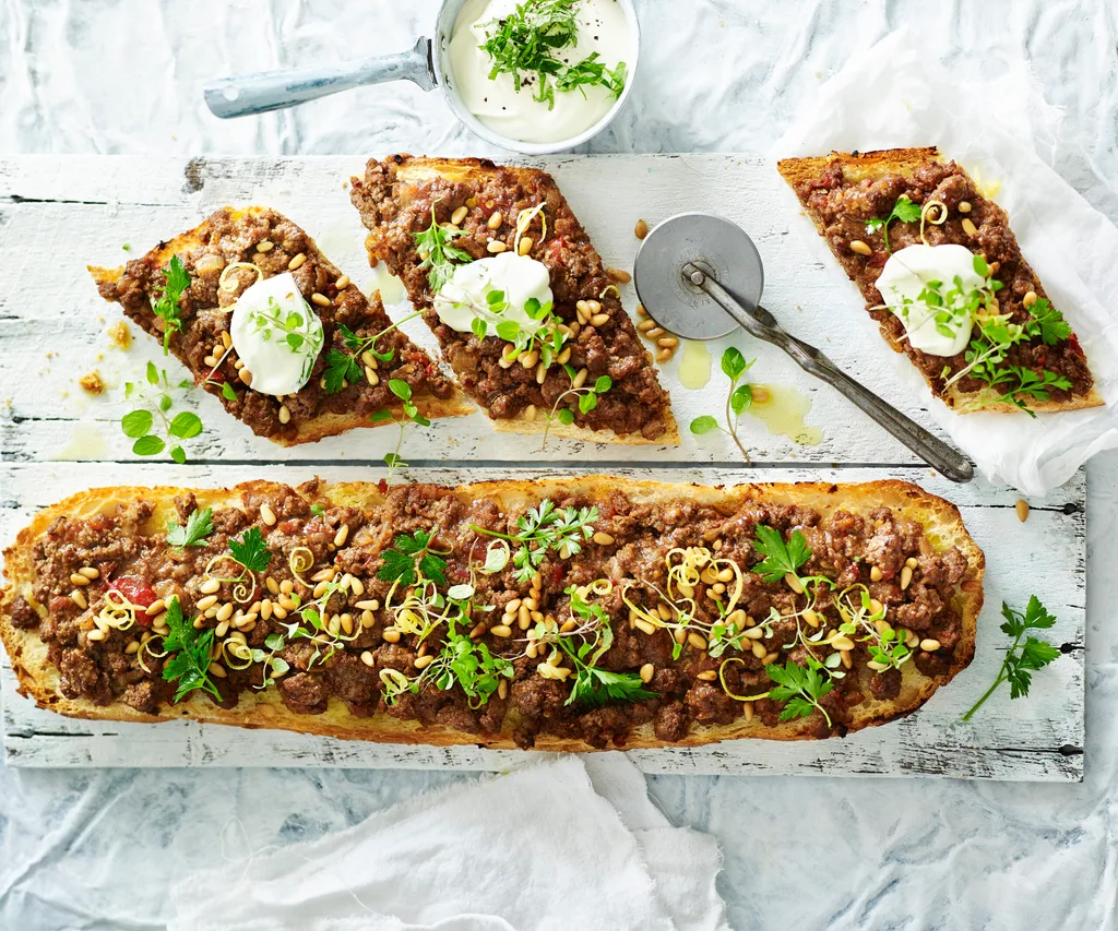 turkish-style pizza with minted yogurt