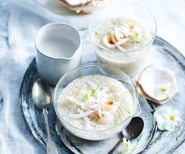 lychee coconut tapioca puddings in glasses