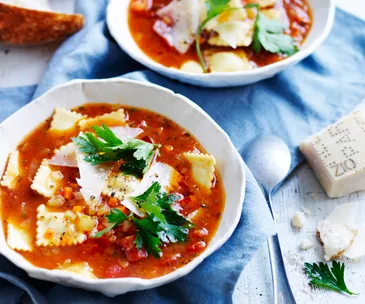 Minestrone with beef ravioli