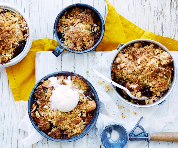 Apple, cherry and amaretti crumbles