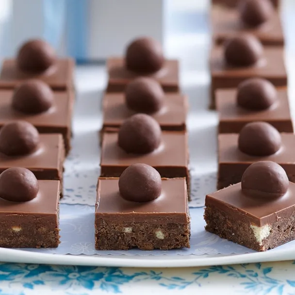 Malteser slice cut into pieces, each with a malteser on top