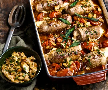 Roasted tomato and sage involtini stew