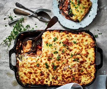 Cheesy eggplant and lentil bake