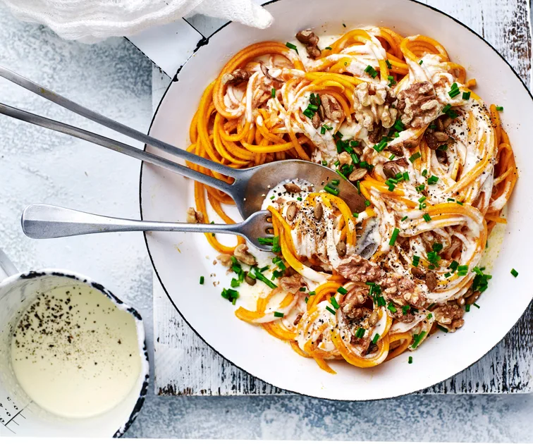 Pumpkin Spaghetti with Creamy Bacon Sauce