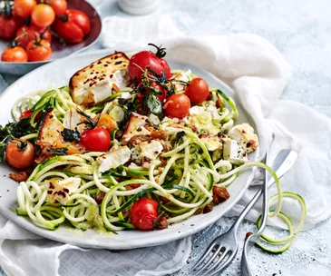 Zucchini spaghetti with baked fetta and chickpea croutons