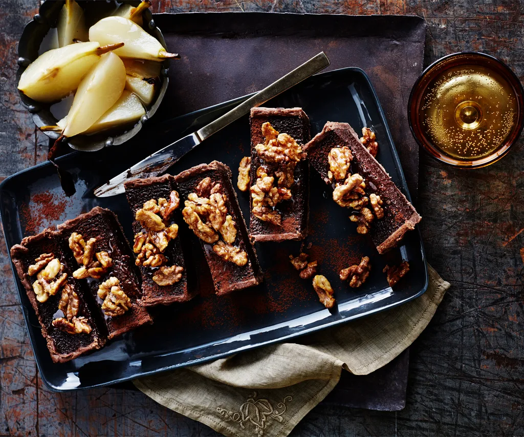 RICHDARKCHOCOLATETART WITH POACHED PEARS