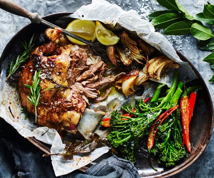 Slow-cooked Greek lamb with chilli garlic broccolini