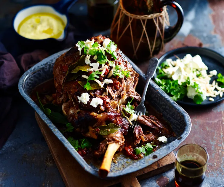 Slow-Roasted Lamb Leg with Fetta and Almonds