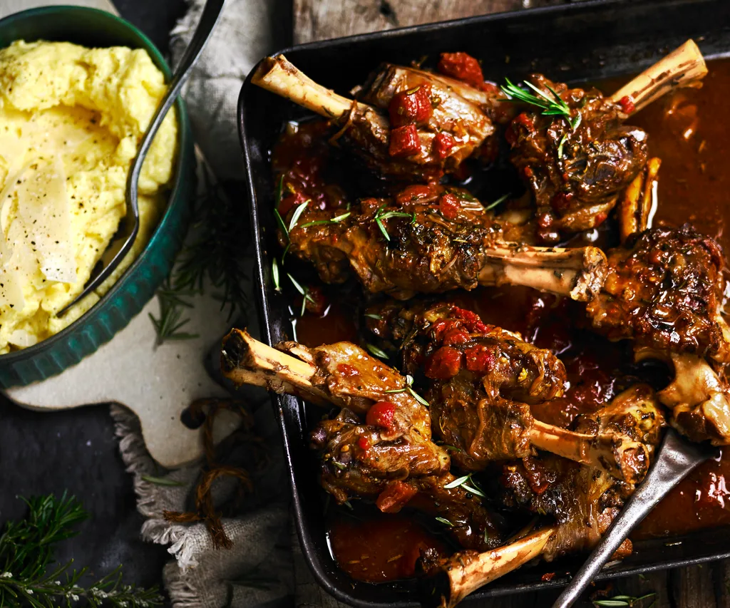 tomato-braised lamb shanks with creamy polenta