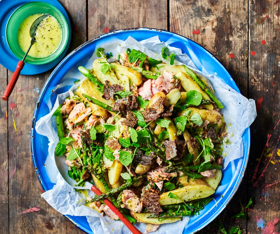 POTATO AND SALMON salad with mustardy dressing