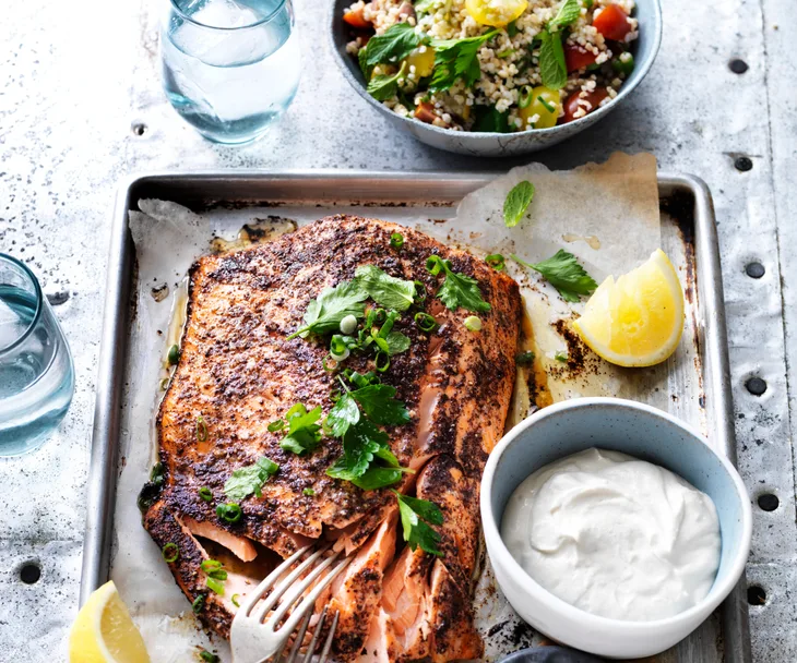 baked salmon with tahini sauce & tabbouleh