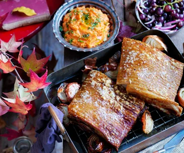 Slow-cooked pork belly with crushed sweet potato