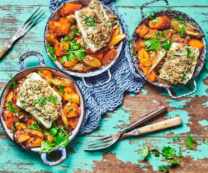 Winter vegetable bake with tahini-seed crumble