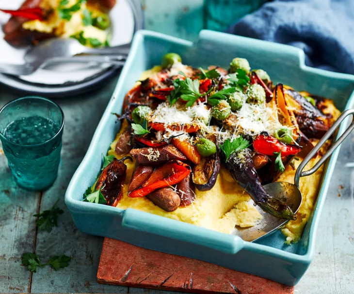 Cheesy polenta and sausage bake
