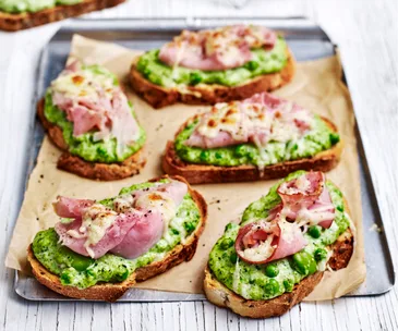 Ricotta pea smash and ham melts