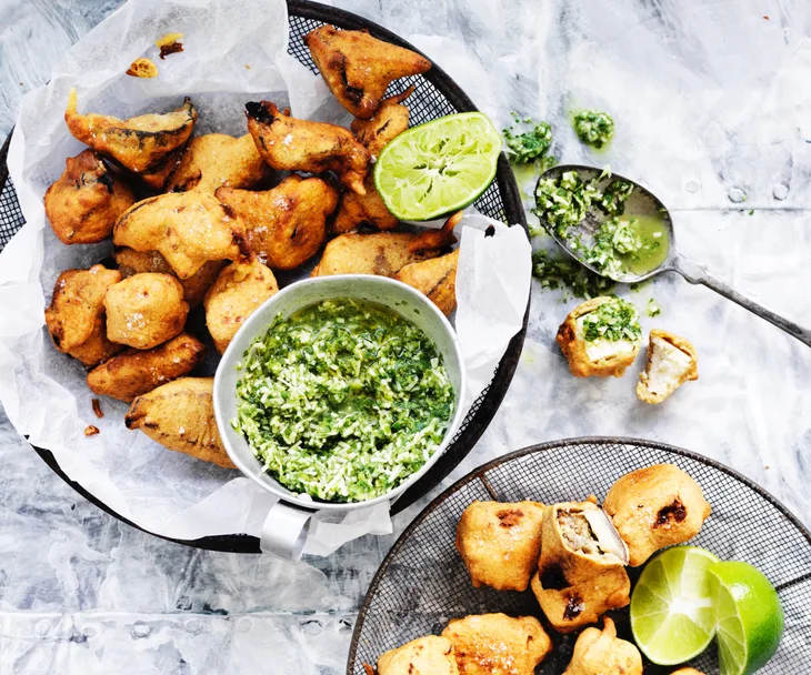 Spiced paneer and eggplant fritters