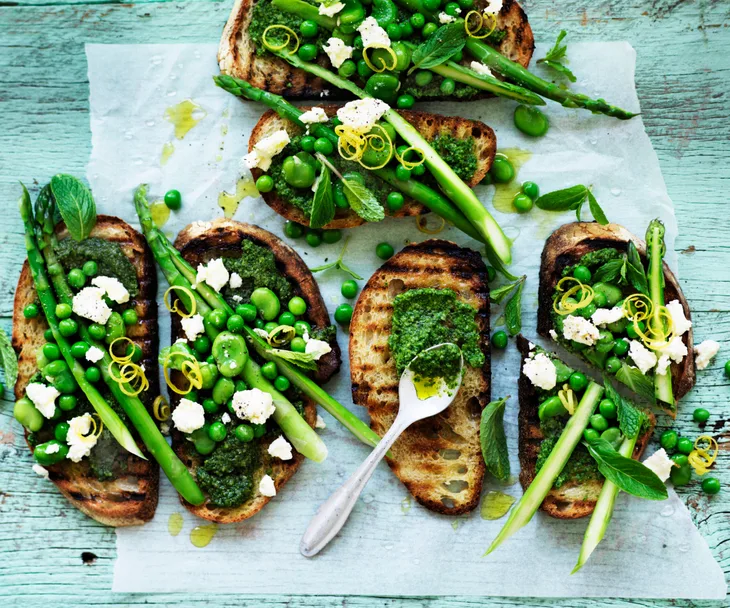 Spring greens and fetta bruschetta