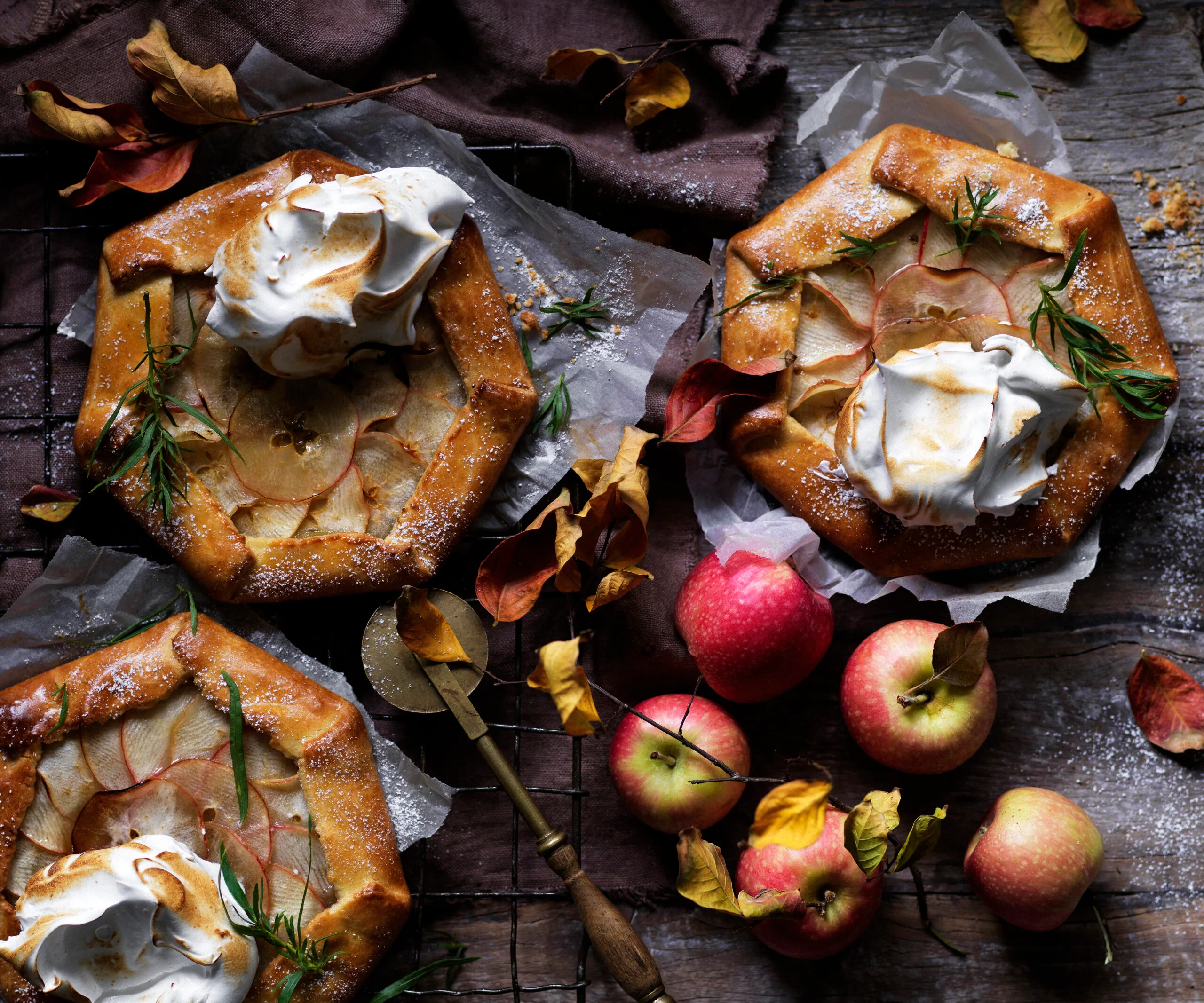 Apple galettes with burnished tarragon meringue