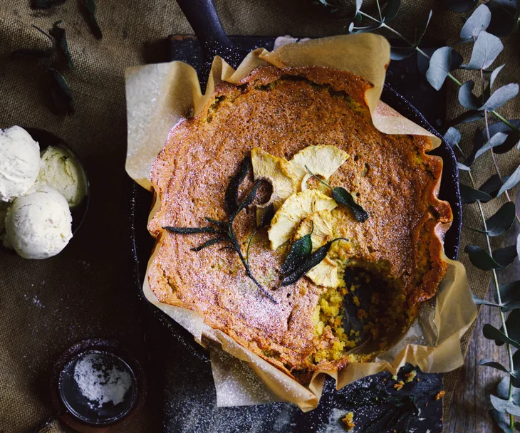 Olive oil, sage and pineapple skillet cake