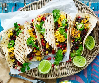 Harissa barbecued corn tortillas with black beans