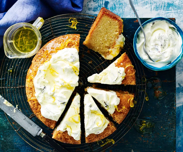 Cardamom and lemon cake with vanilla labne and lemon syrup