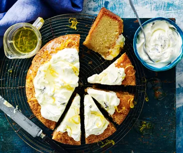 Cardamom and lemon cake with vanilla labne and lemon syrup