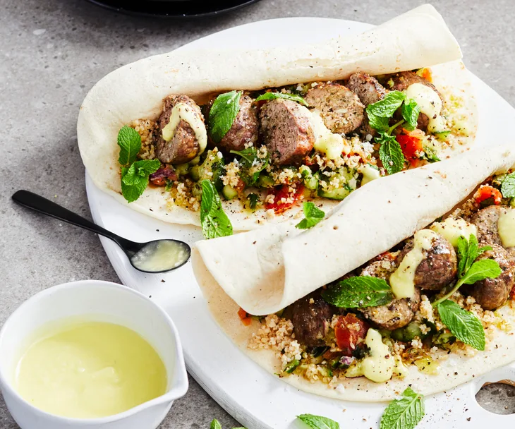 Thermomix lamb koftas with tabbouleh and garlic toum