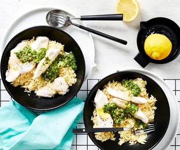 Thermomix risoni with chicken and salsa verde