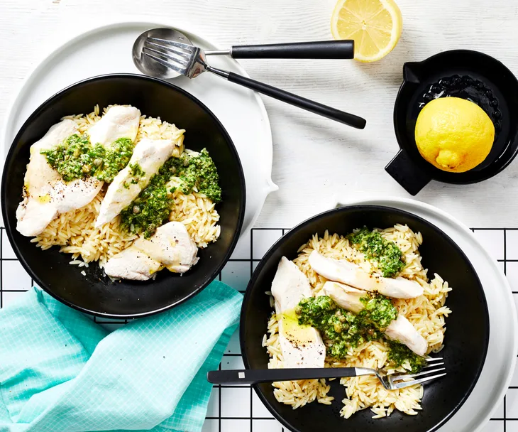 Thermomix risoni with chicken and salsa verde